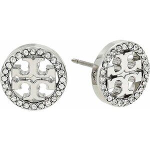 Tory Burch Silver Stud Crystal Circle Logo Earrings